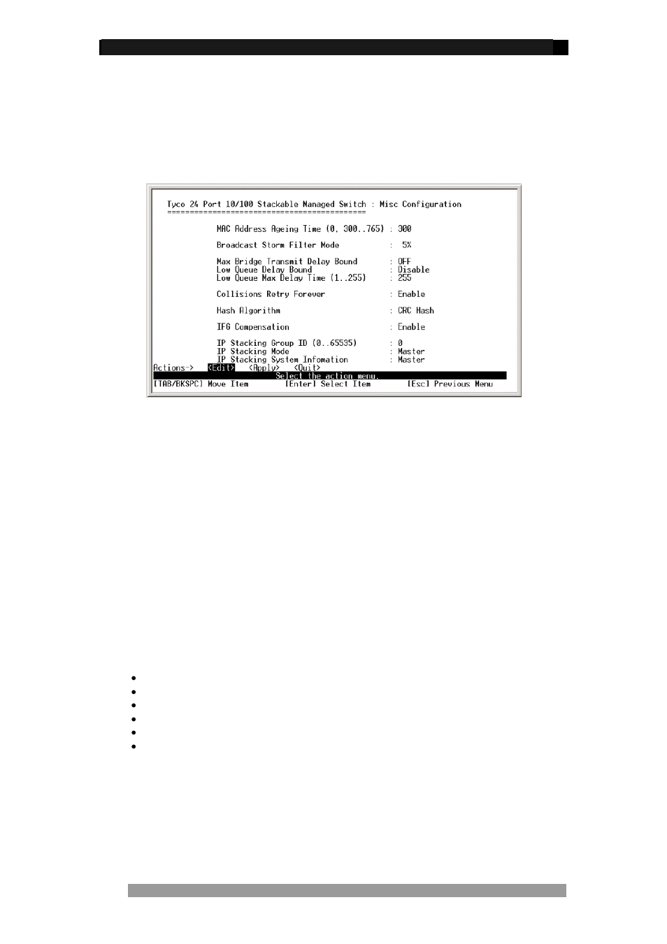 Misc configuration, Mac address aging time, Broadcast storm filter | Tyco 0-1591099-x User Manual | Page 31 / 56