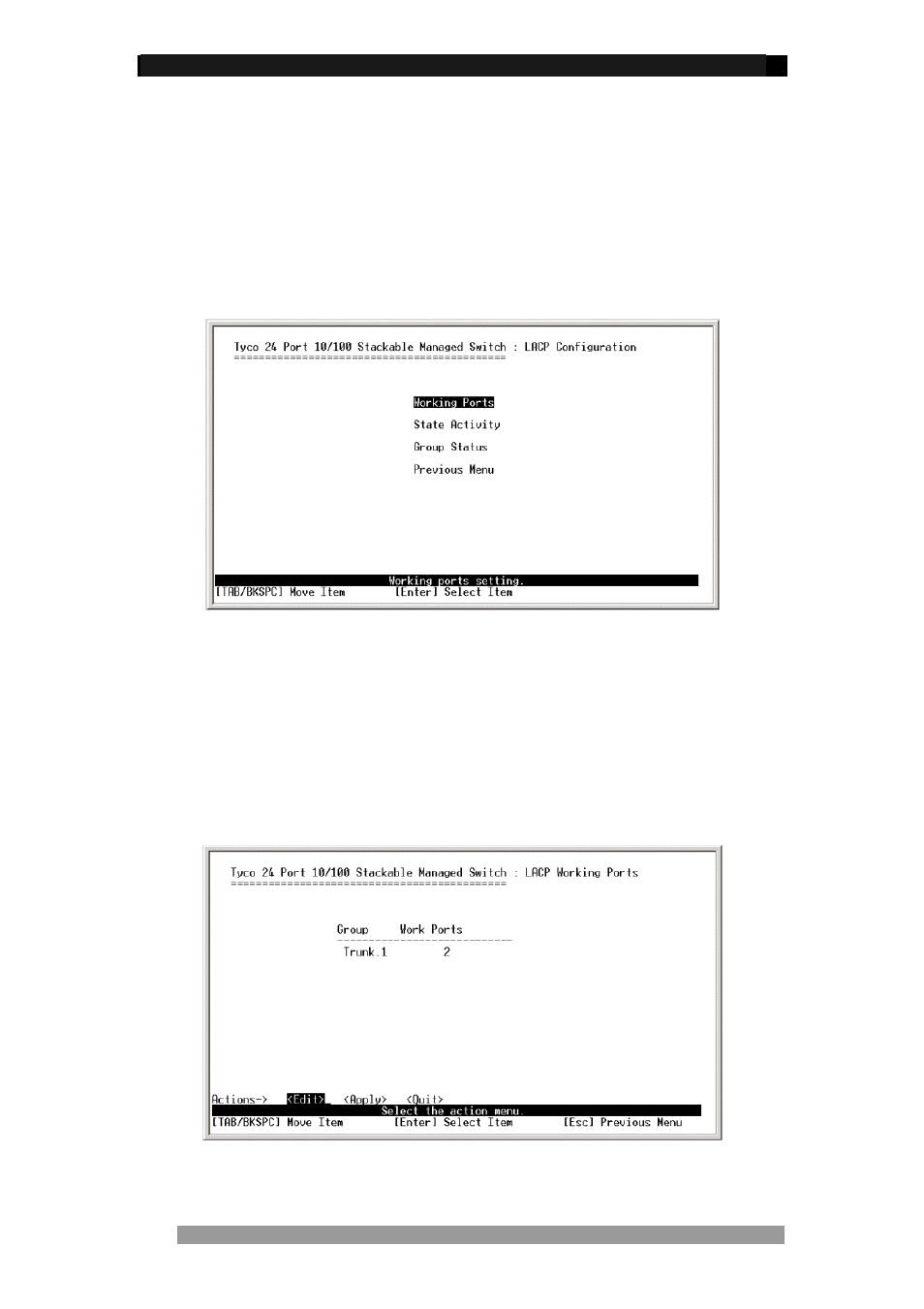 Lacp configuration, Working ports | Tyco 0-1591099-x User Manual | Page 36 / 56