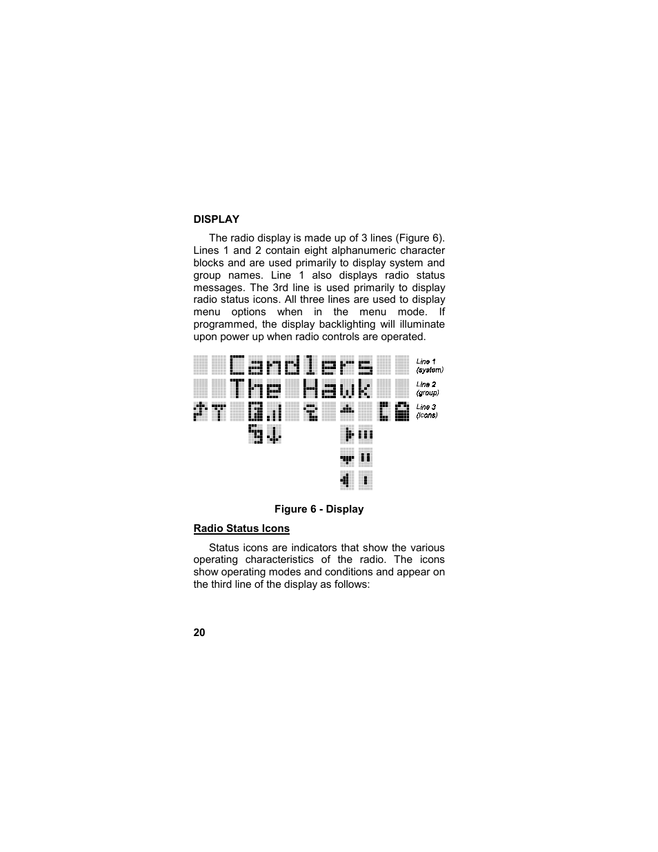 Display, Radio status icons | Tyco LPE-200 User Manual | Page 20 / 102