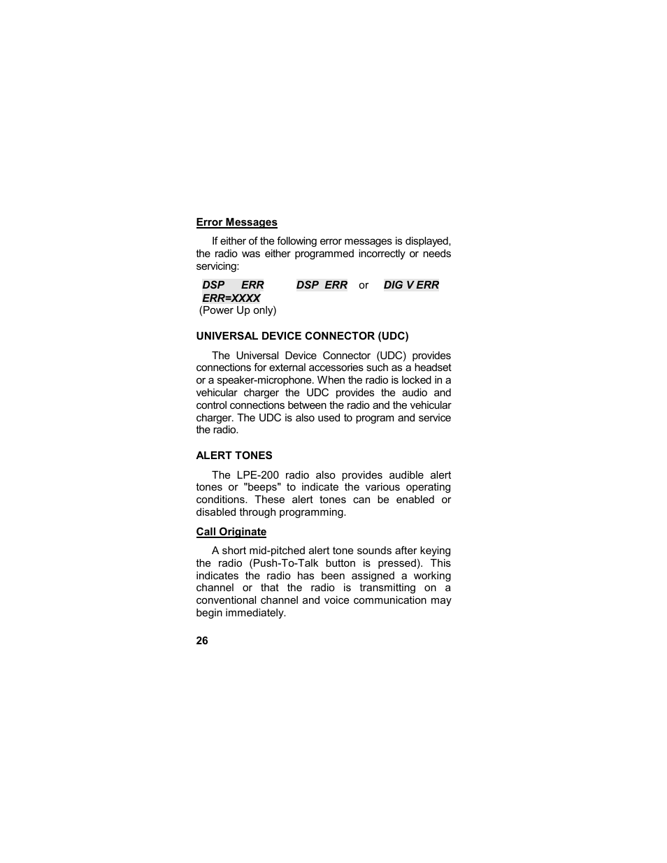 Error messages, Universal device connector (udc), Alert tones | Call originate, Udc) | Tyco LPE-200 User Manual | Page 26 / 102