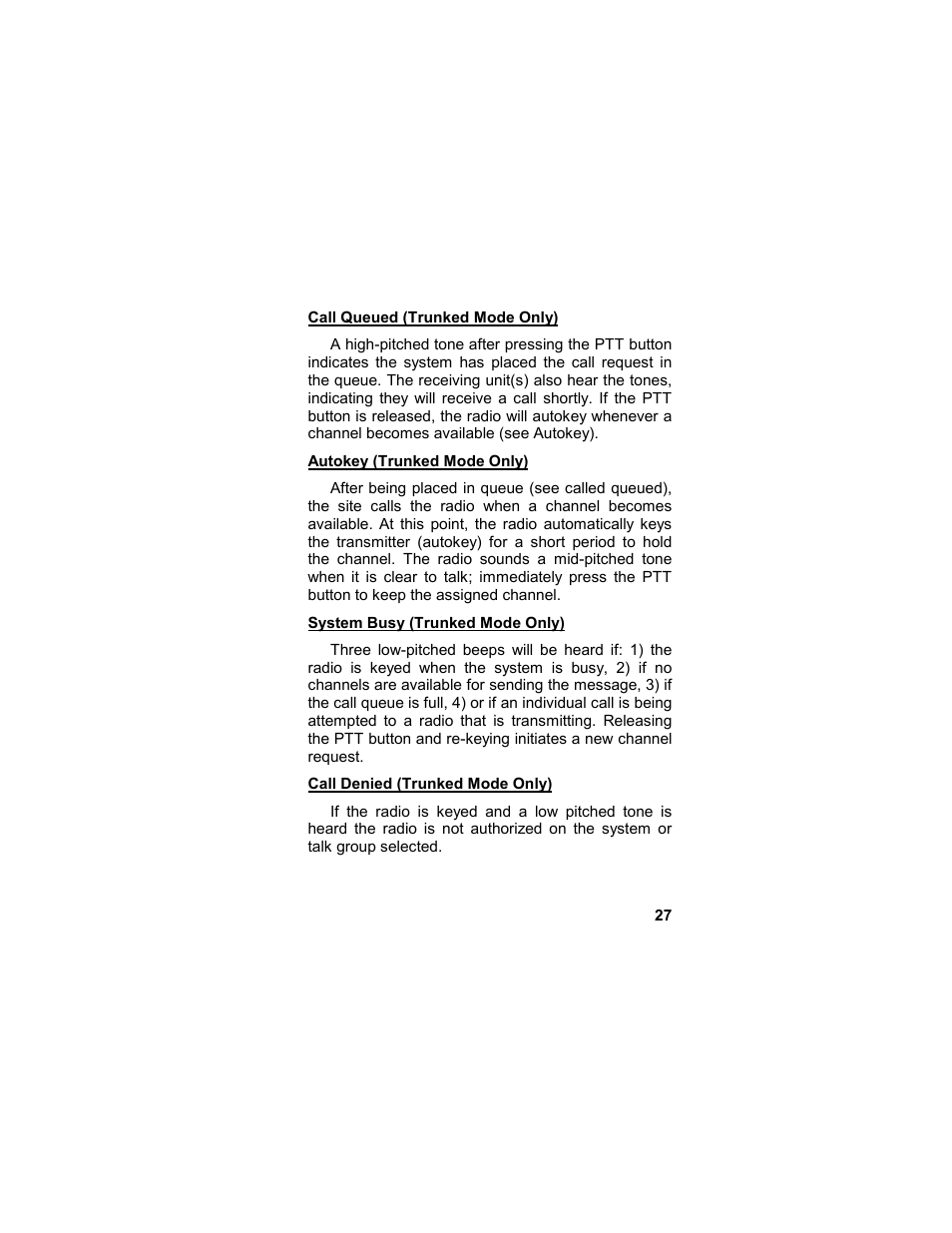 Call queued (trunked mode only), Autokey (trunked mode only), System busy (trunked mode only) | Call denied (trunked mode only) | Tyco LPE-200 User Manual | Page 27 / 102