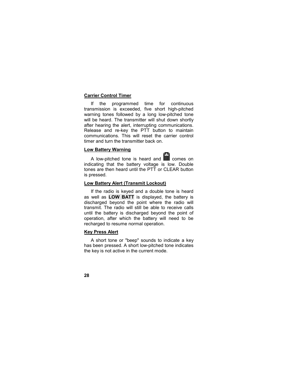 Carrier control timer, Low battery warning, Low battery alert (transmit lockout) | Key press alert | Tyco LPE-200 User Manual | Page 28 / 102