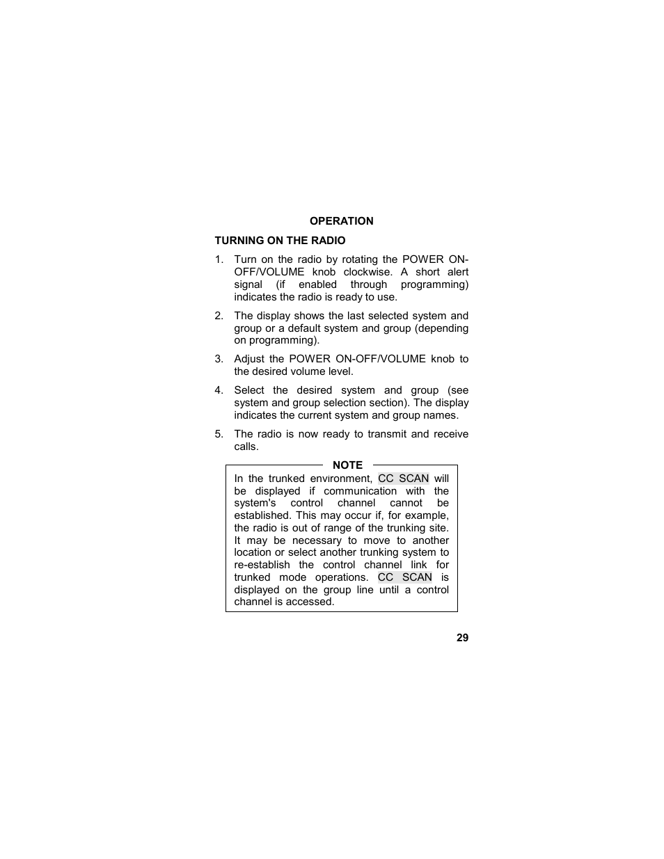 Operation, Turning on the radio | Tyco LPE-200 User Manual | Page 29 / 102