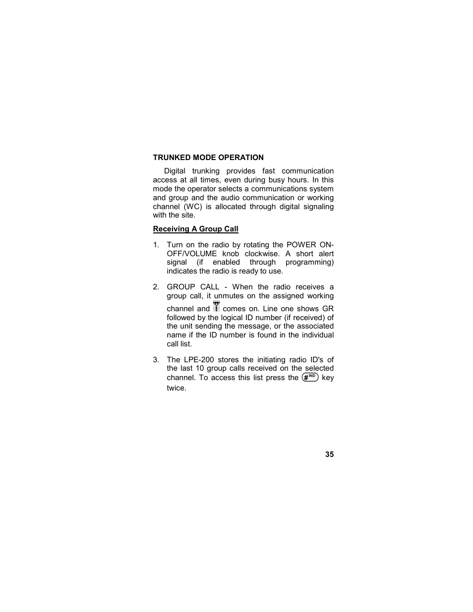 Trunked mode operation, Receiving a group call | Tyco LPE-200 User Manual | Page 35 / 102