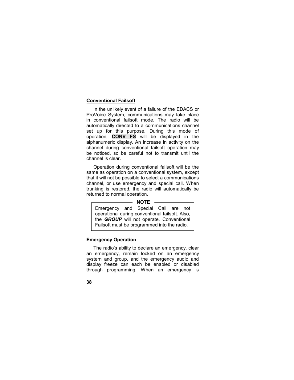 Conventional failsoft, Emergency operation | Tyco LPE-200 User Manual | Page 38 / 102