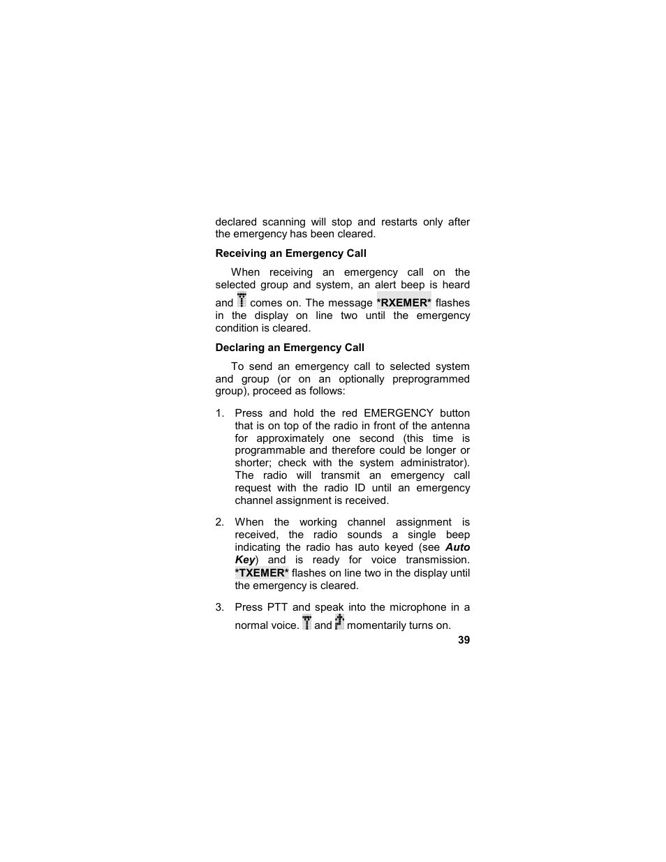 Receiving an emergency call, Declaring an emergency call | Tyco LPE-200 User Manual | Page 39 / 102