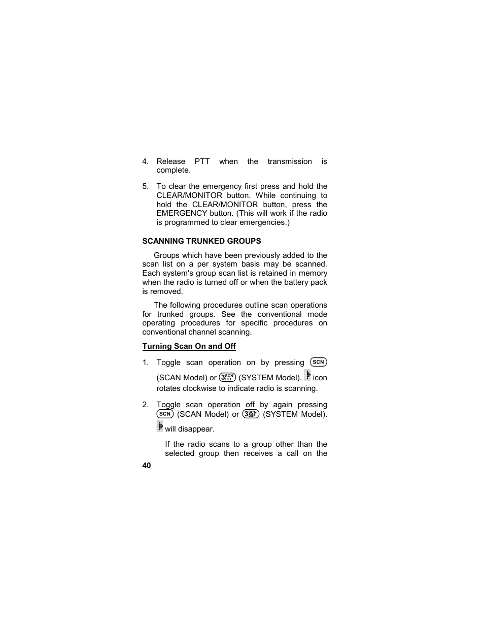 Scanning trunked groups, Turning scan on and off | Tyco LPE-200 User Manual | Page 40 / 102