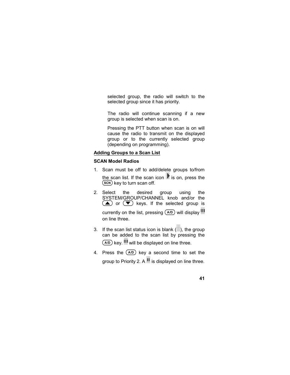 Adding groups to a scan list, Scan model radios | Tyco LPE-200 User Manual | Page 41 / 102