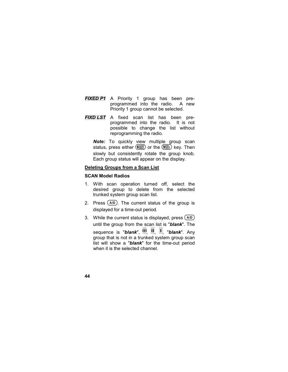 Deleting groups from a scan list, Scan model radios | Tyco LPE-200 User Manual | Page 44 / 102