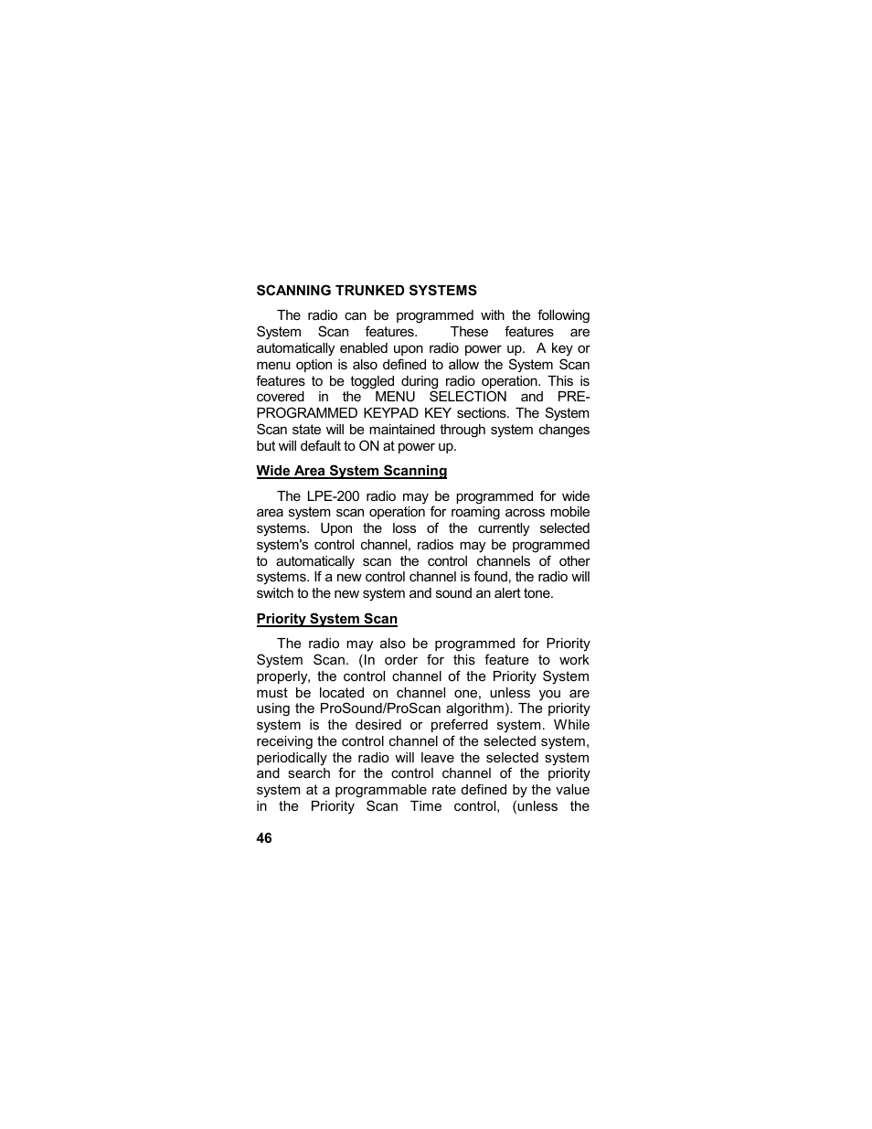 Scanning trunked systems, Wide area system scanning, Priority system scan | Wide area system scanning priority system scan | Tyco LPE-200 User Manual | Page 46 / 102