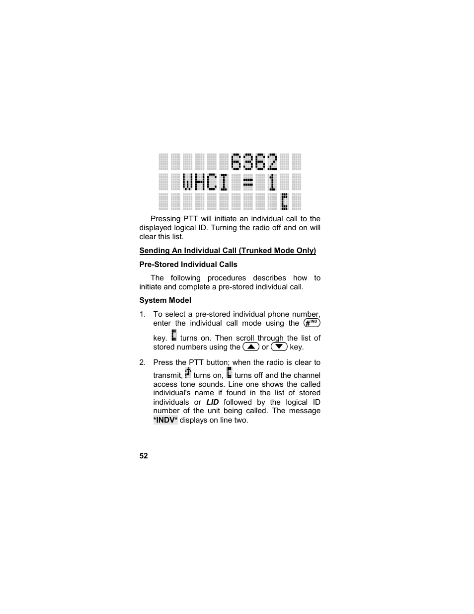 Sending an individual call (trunked mode only), Pre-stored individual calls, System model | Mode only) | Tyco LPE-200 User Manual | Page 52 / 102