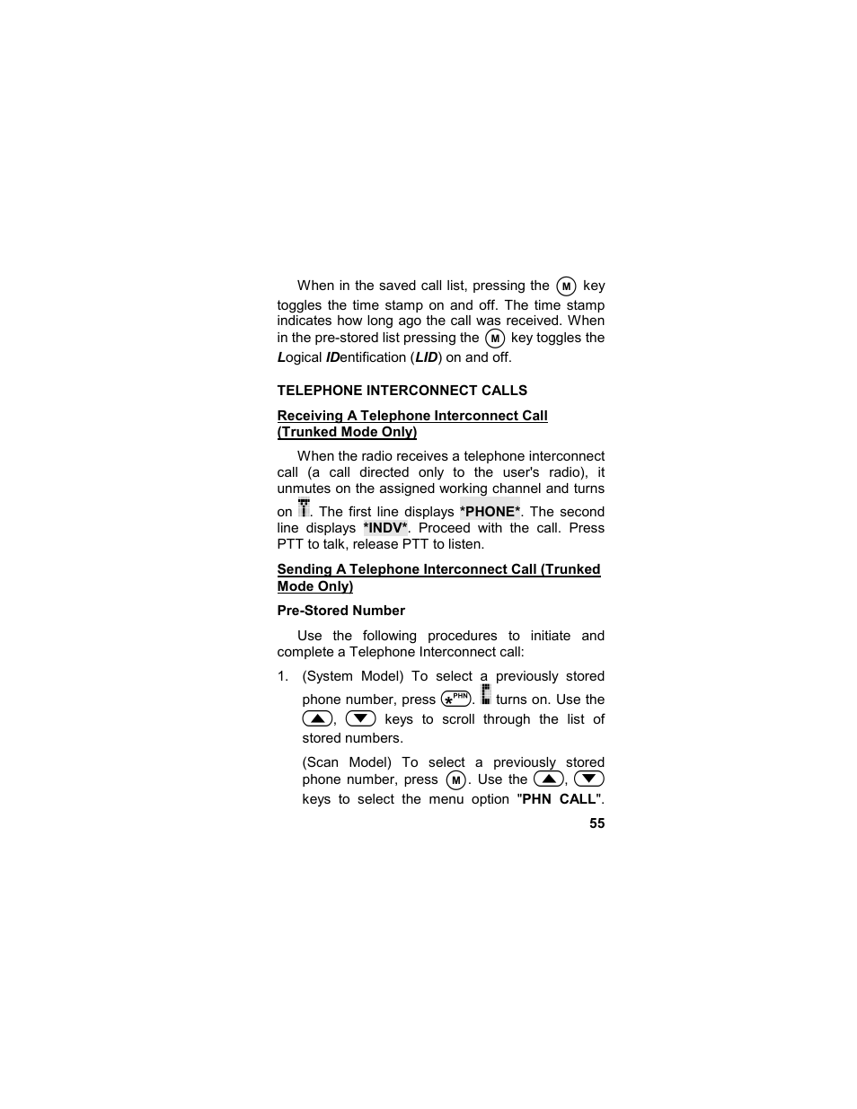 Telephone interconnect calls, Pre-stored number, Calls | Trunked mode only) | Tyco LPE-200 User Manual | Page 55 / 102