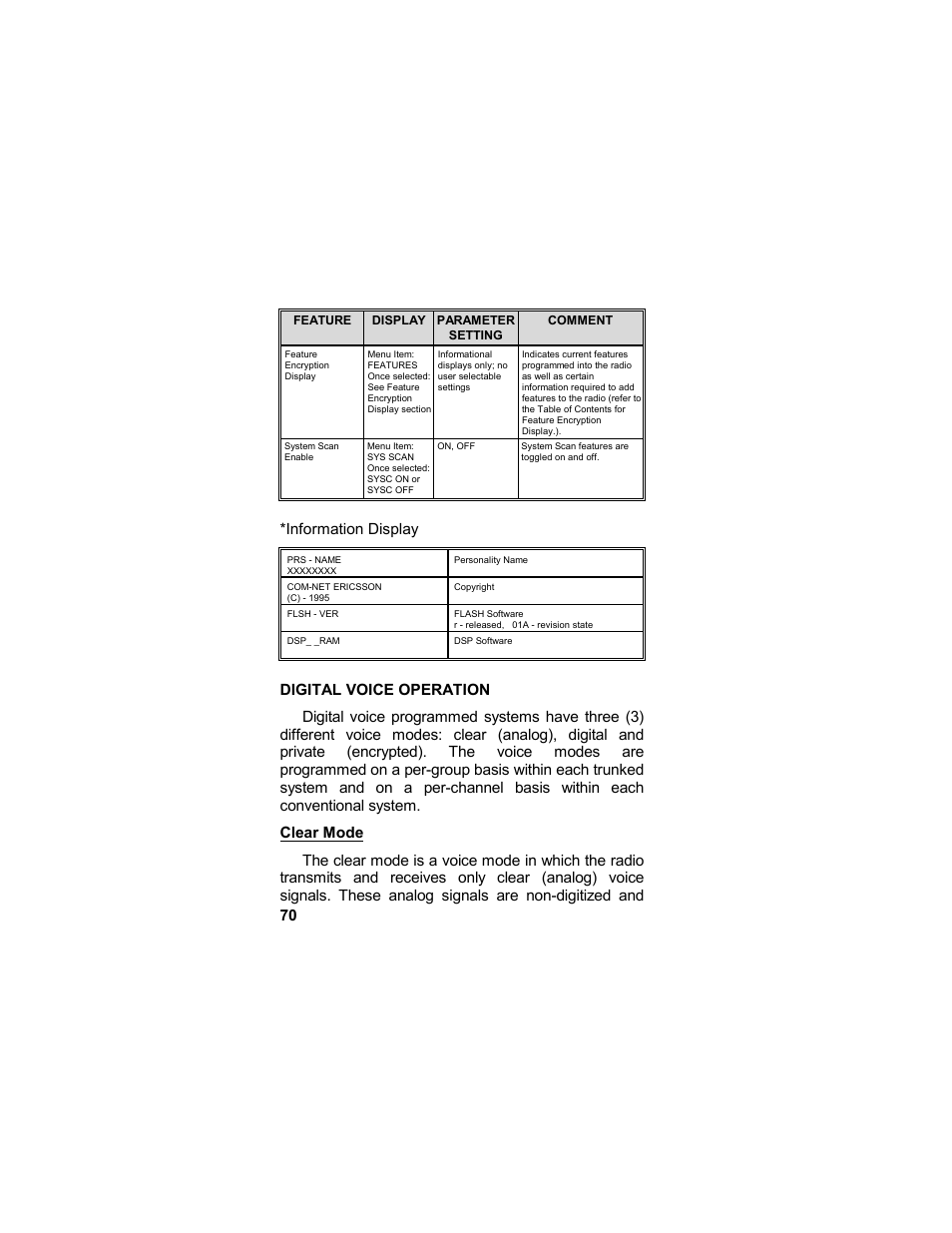 Digital voice operation, Clear mode, Information display | Tyco LPE-200 User Manual | Page 70 / 102