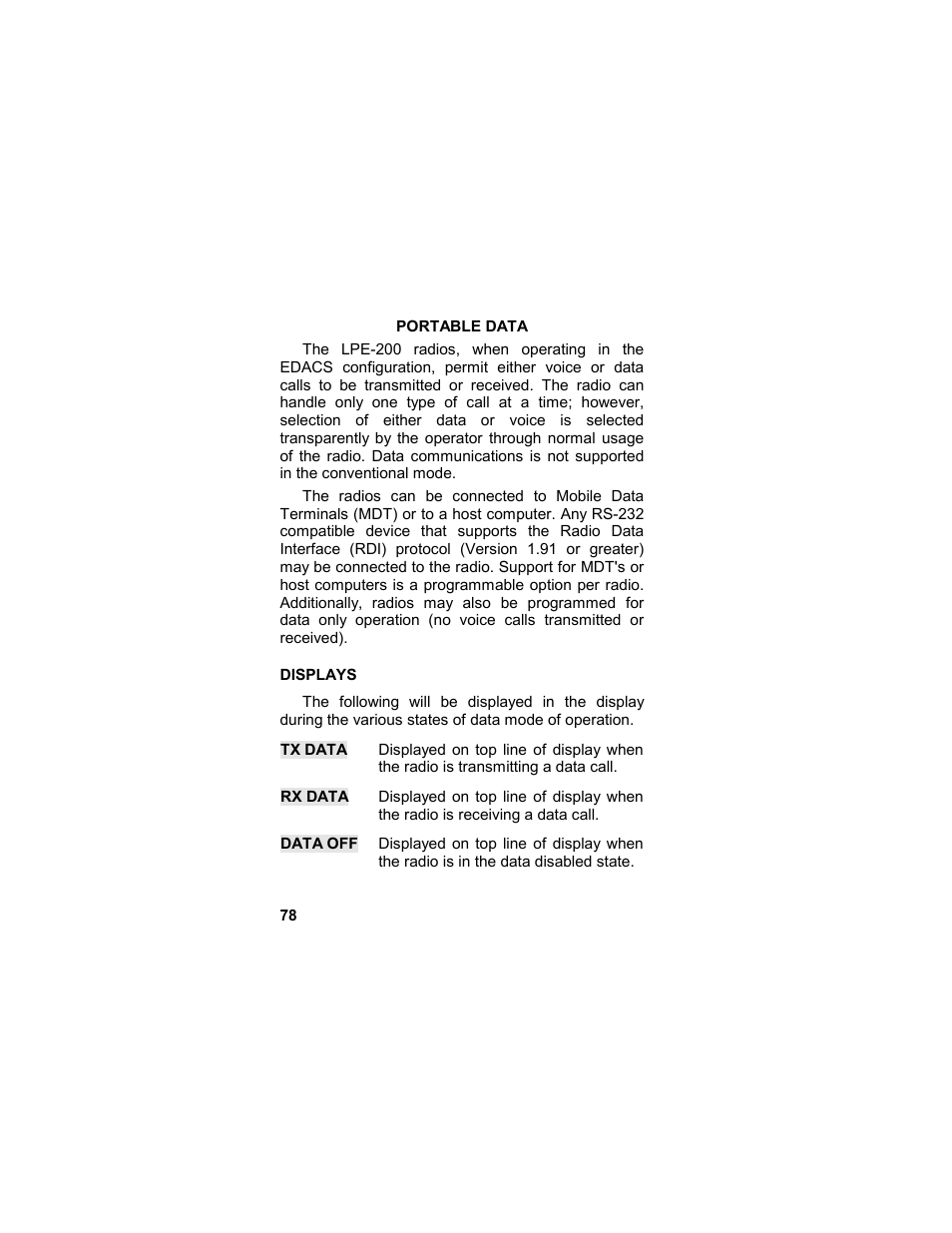 Portable data, Displays | Tyco LPE-200 User Manual | Page 78 / 102