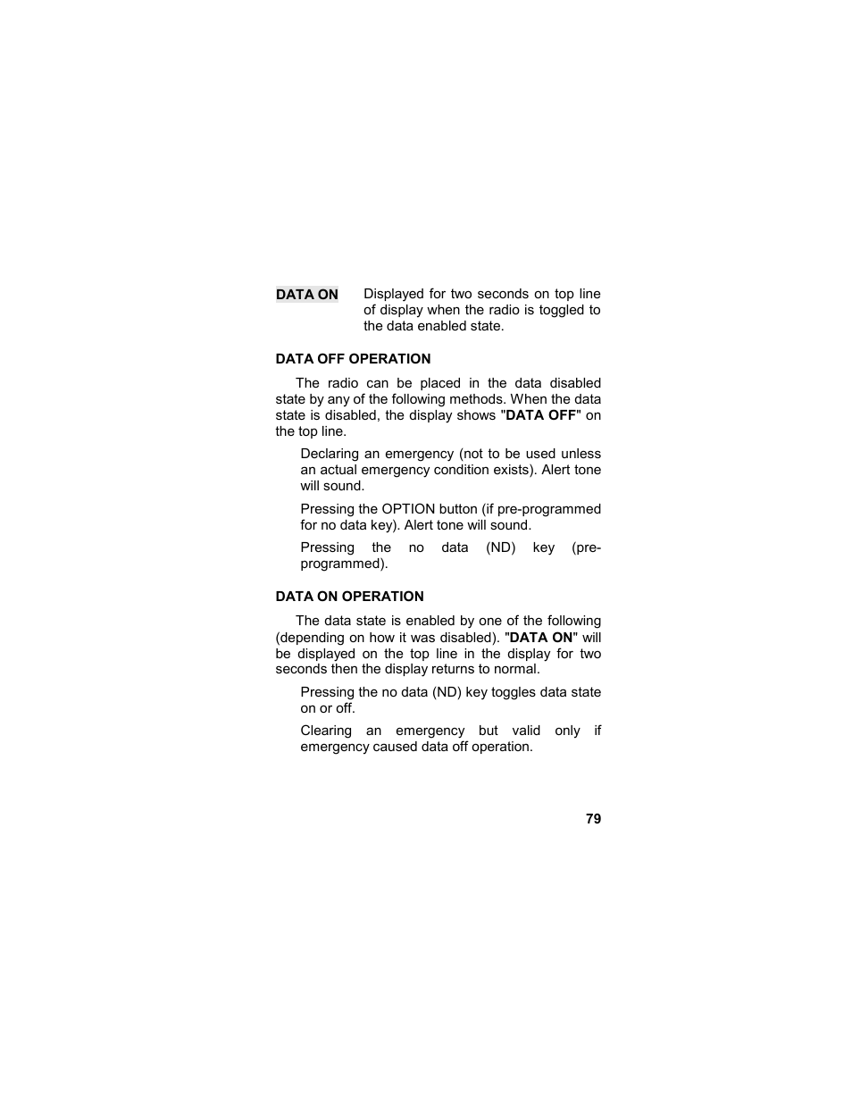 Data off operation, Data on operation, Data off operation data on operation | Tyco LPE-200 User Manual | Page 79 / 102