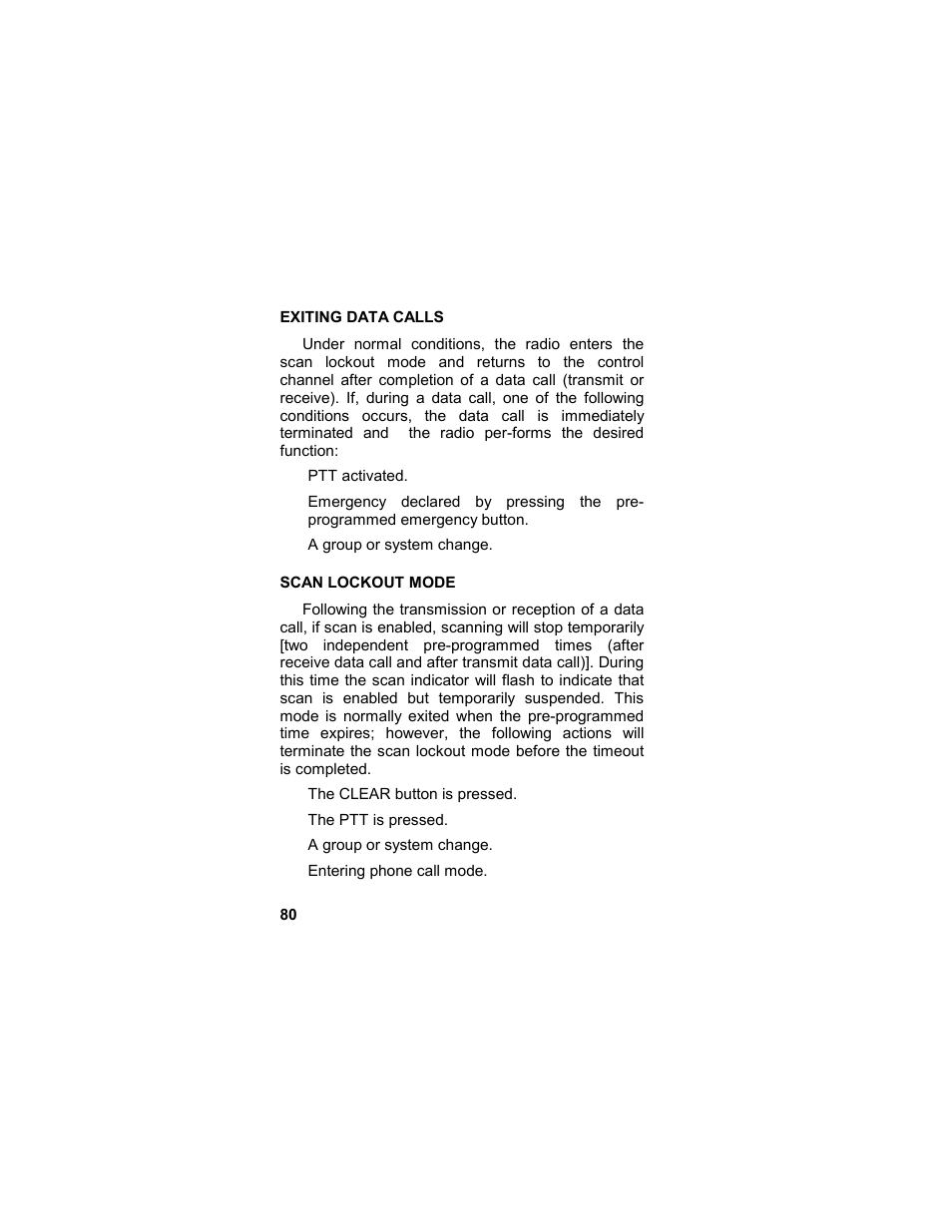 Exiting data calls, Scan lockout mode, Exiting data calls scan lockout mode | Tyco LPE-200 User Manual | Page 80 / 102