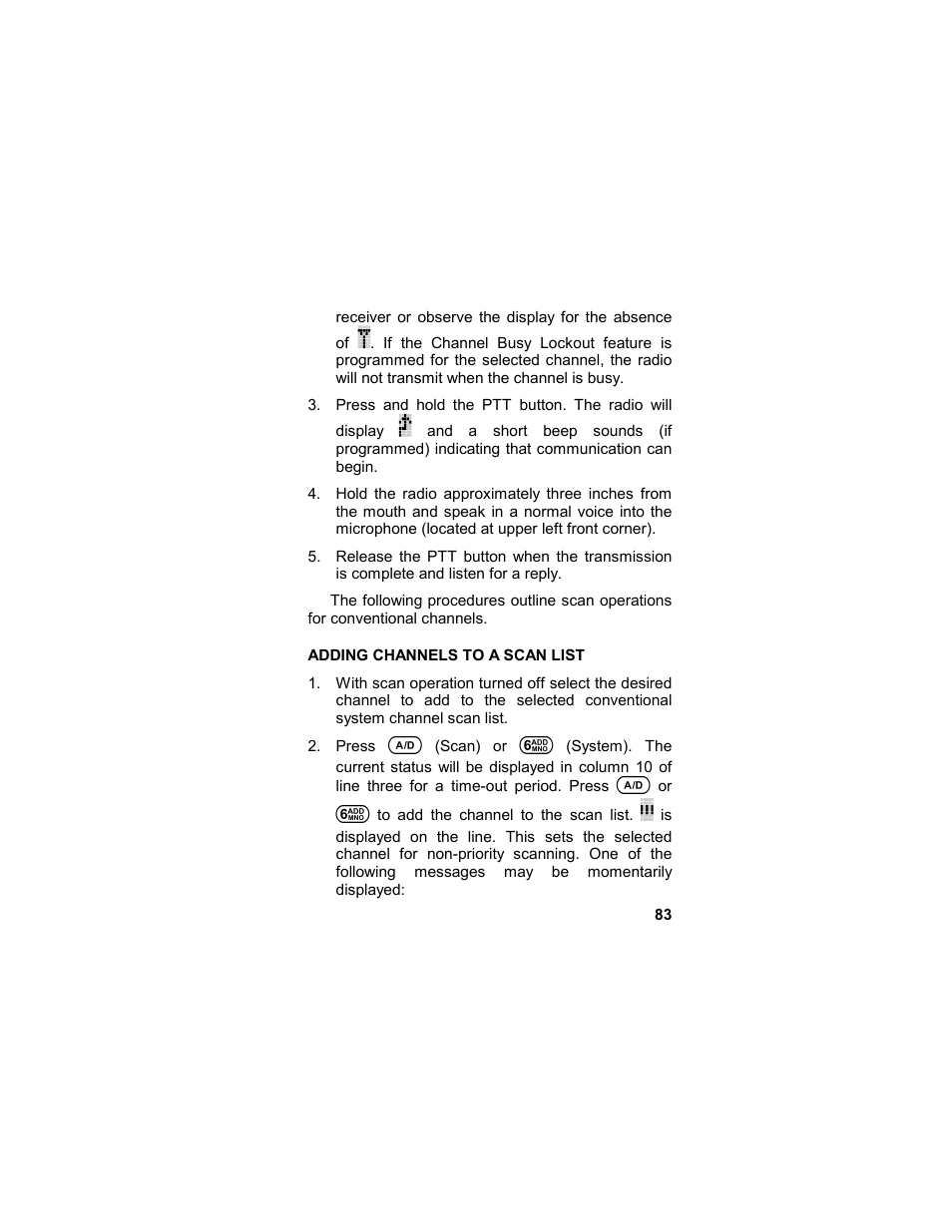 Adding channels to a scan list, List | Tyco LPE-200 User Manual | Page 83 / 102