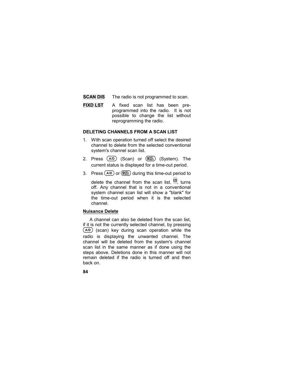 Deleting channels from a scan list, Nuisance delete, Scan list | Tyco LPE-200 User Manual | Page 84 / 102