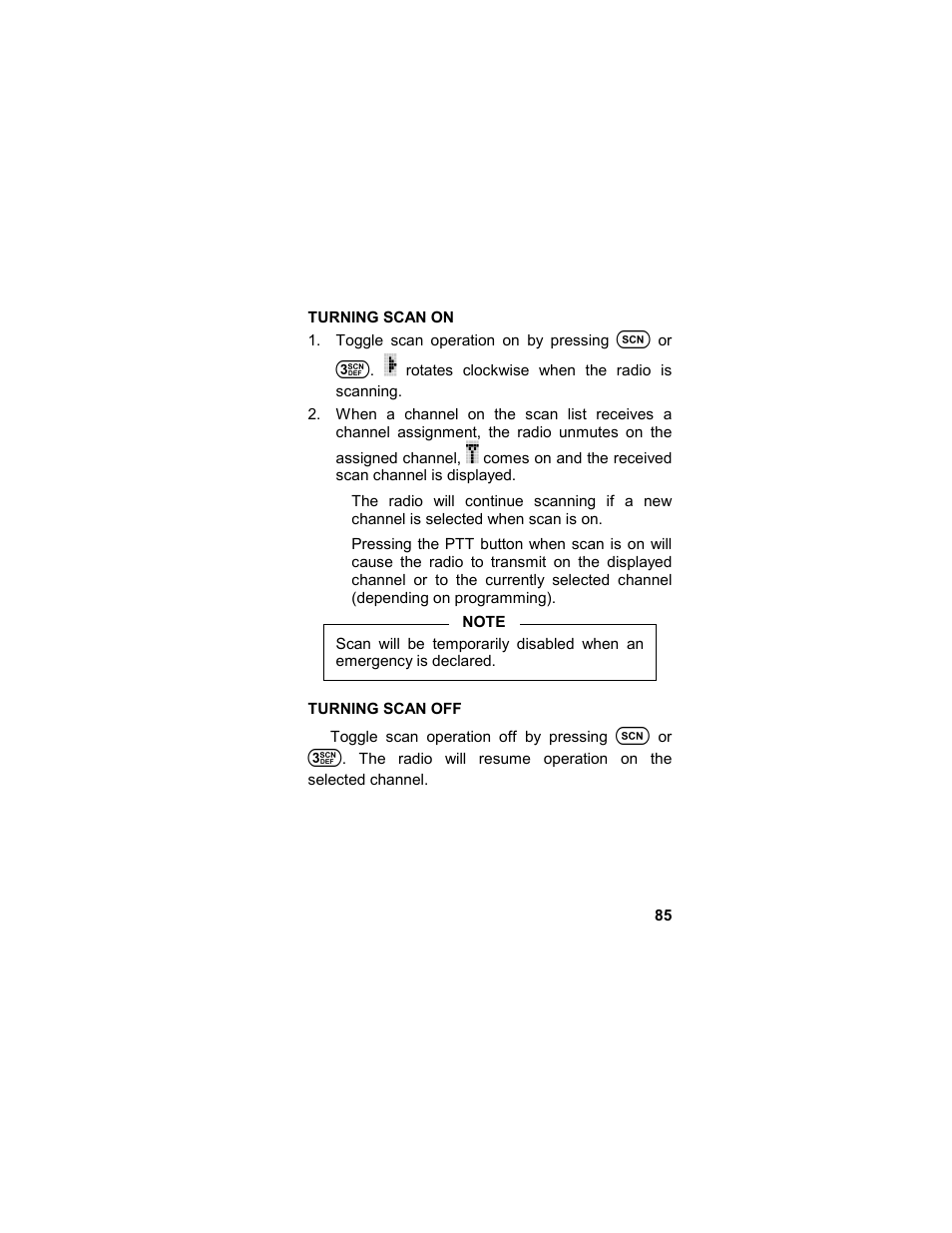 Turning scan on, Turning scan off, Turning scan on turning scan off | Tyco LPE-200 User Manual | Page 85 / 102