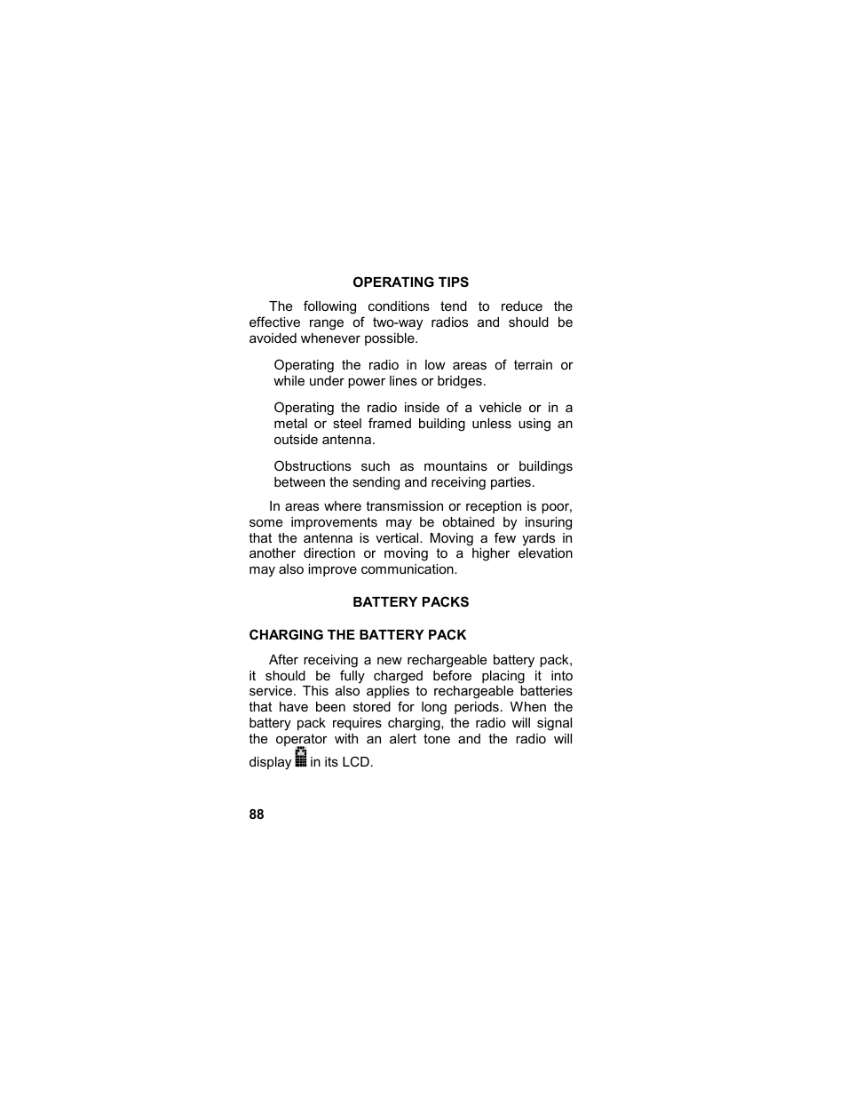 Operating tips, Battery packs, Charging the battery pack | Operating tips battery packs | Tyco LPE-200 User Manual | Page 88 / 102