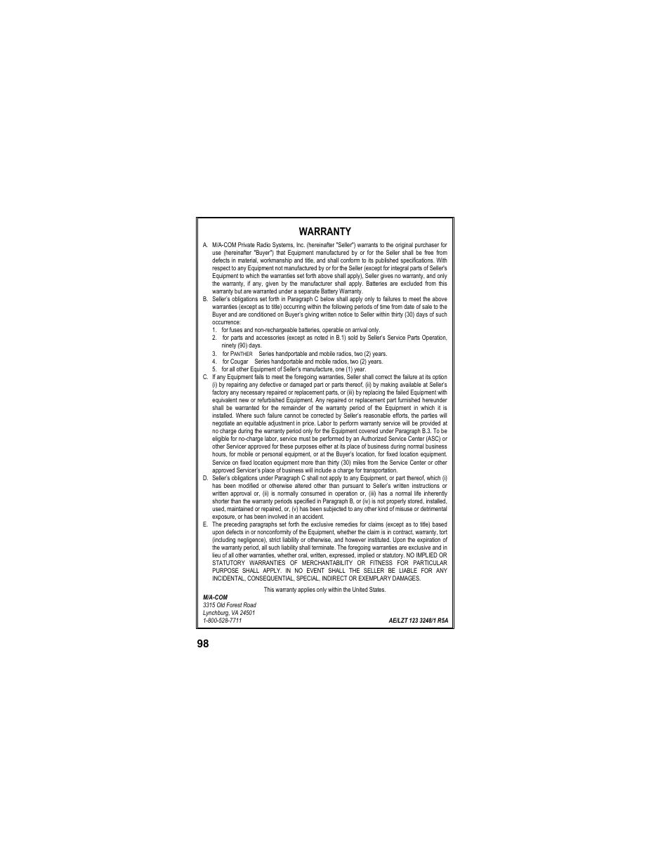 Warranty, 98 warranty | Tyco LPE-200 User Manual | Page 98 / 102