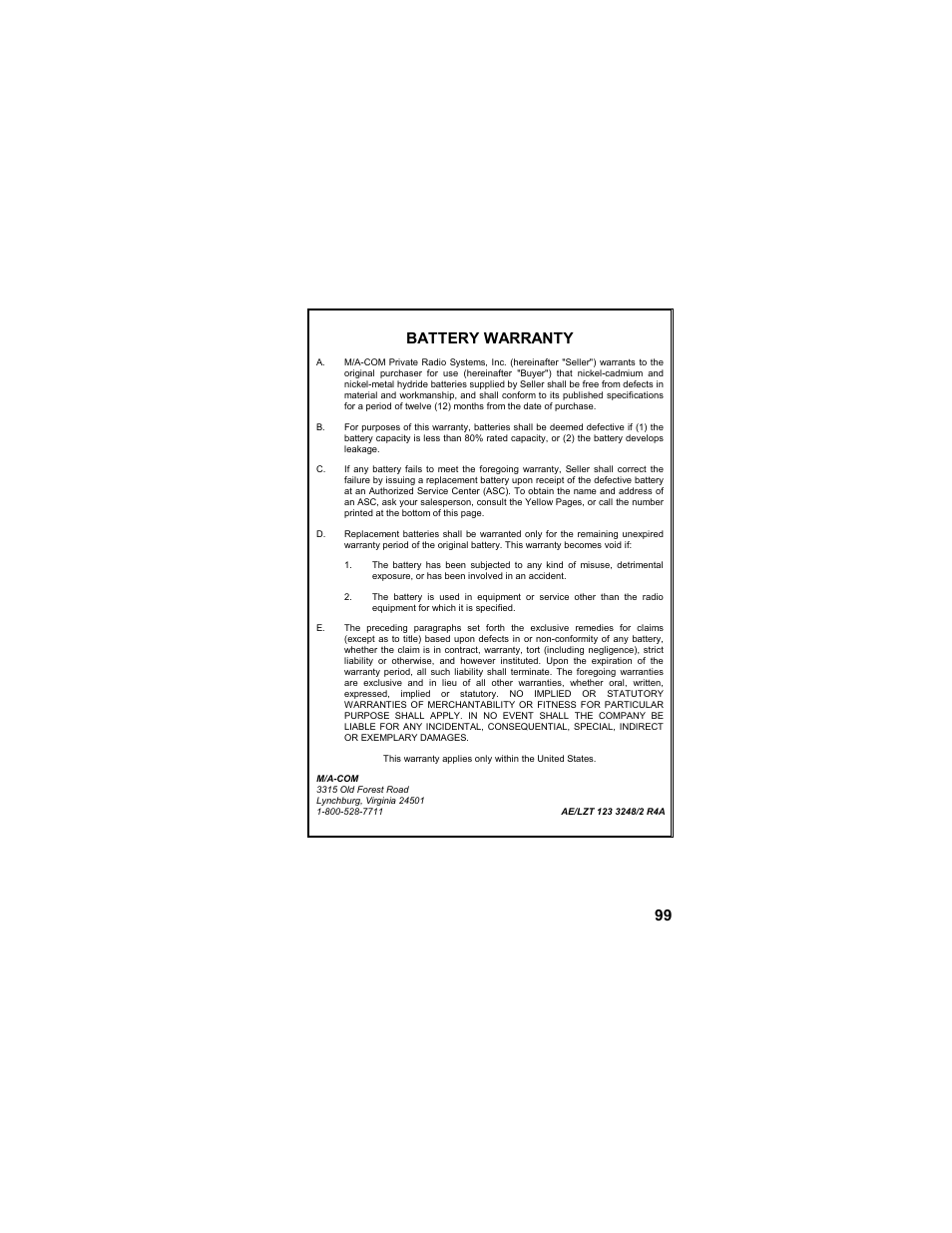 Battery warranty, 99 battery warranty | Tyco LPE-200 User Manual | Page 99 / 102