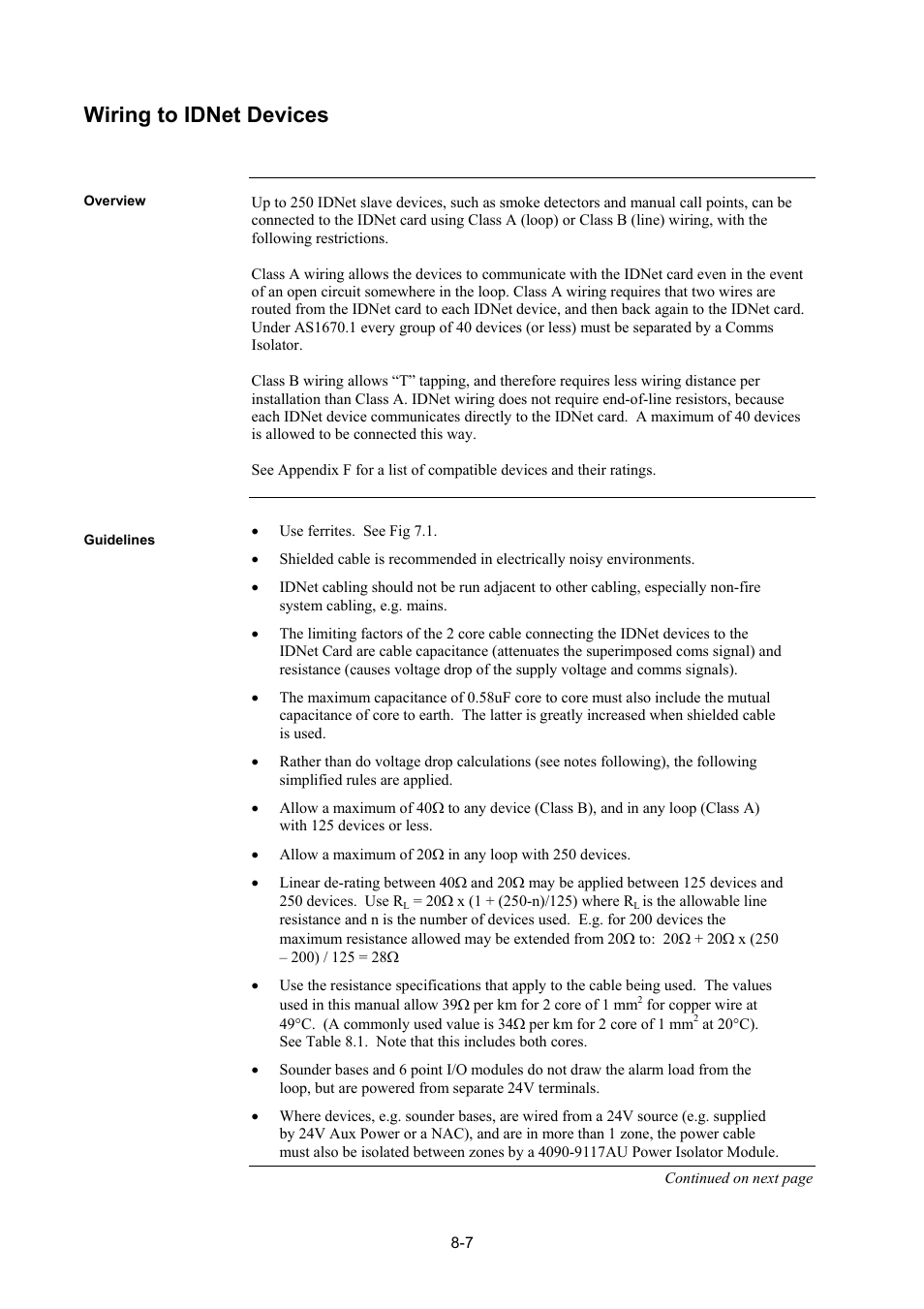 Wiring to idnet devices, Overview, Guidelines | Wiring to idnet devices -7, Overview -7, Guidelines -7 | Tyco 4100U User Manual | Page 129 / 180