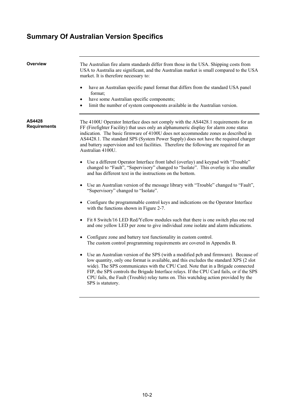 Summary of australian version specifics, Overview, As4428 requirements | Summary of australian version specifics -2, Overview -2, As4428 requirements -2 | Tyco 4100U User Manual | Page 140 / 180