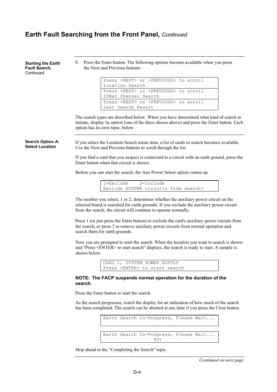 Search option a: select location, Earth fault searching from the front panel, Continued | Tyco 4100U User Manual | Page 159 / 180