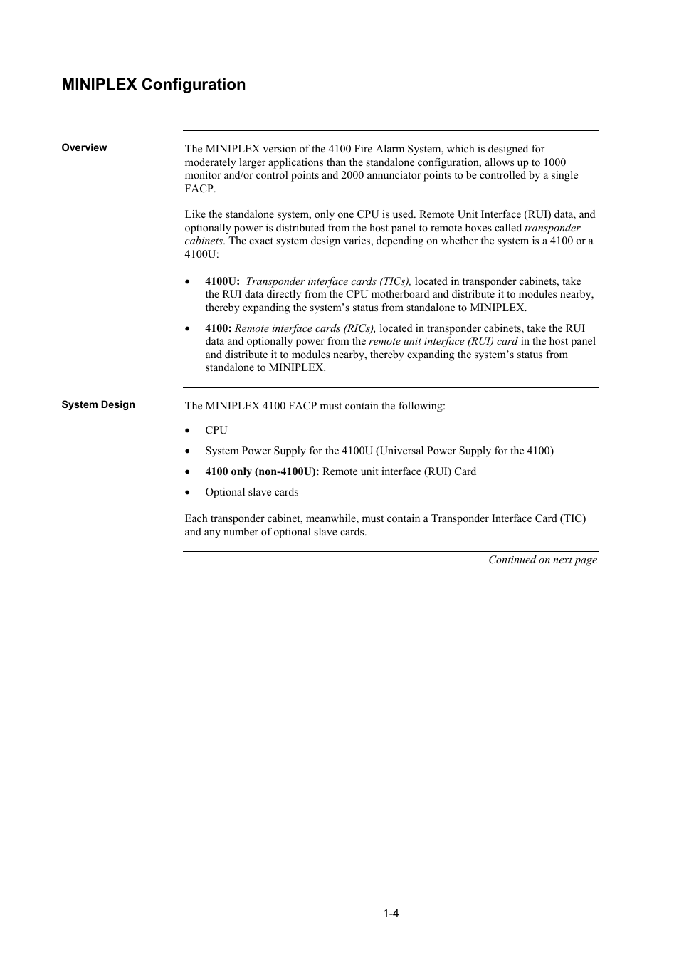 Miniplex configuration, Overview, System design | Miniplex configuration -4, Overview -4, System design -4 | Tyco 4100U User Manual | Page 22 / 180