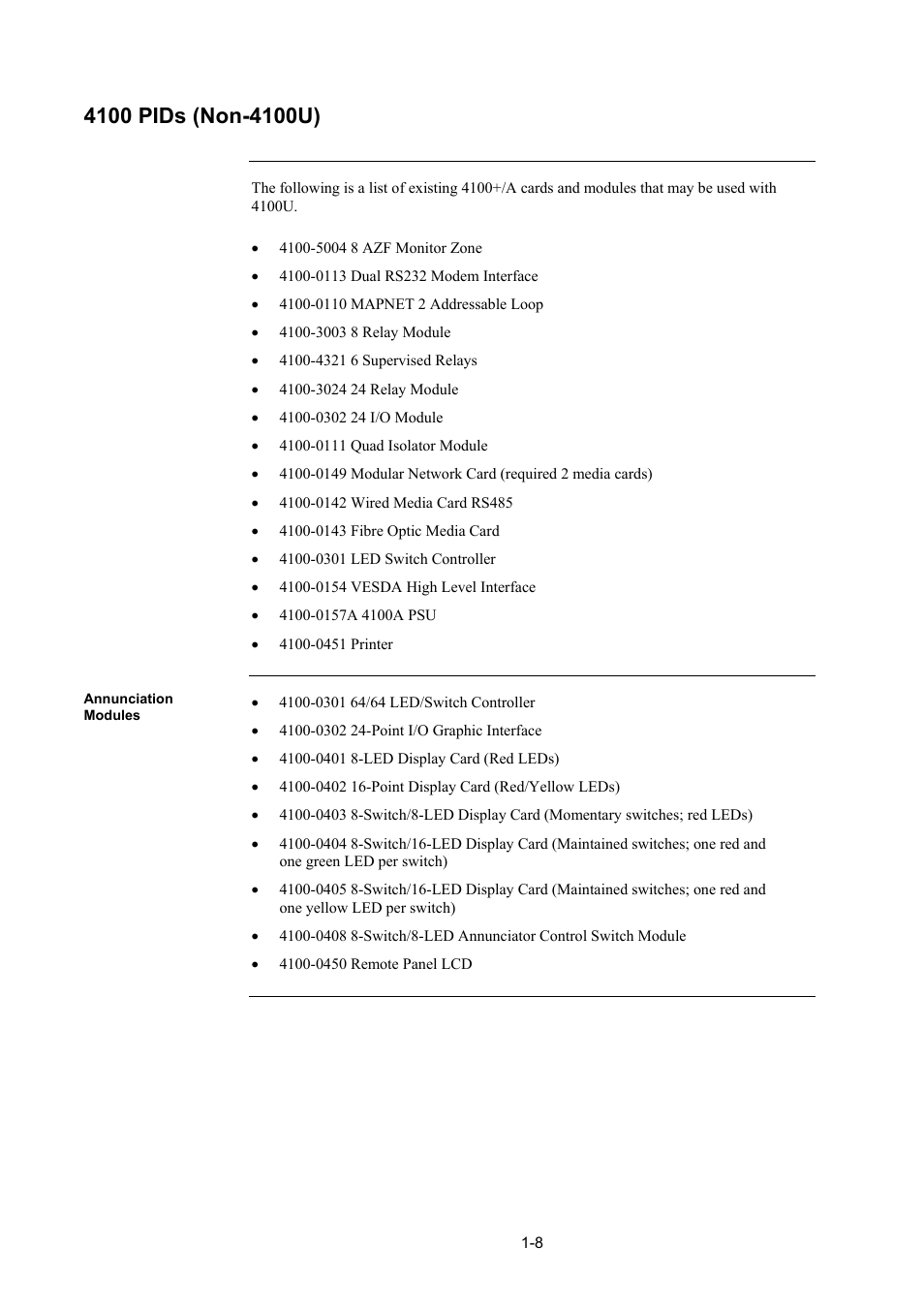 4100 pids (non-4100u), Annunciation modules, 4100 pids (non-4100u) -8 | Annunciation modules -8 | Tyco 4100U User Manual | Page 26 / 180