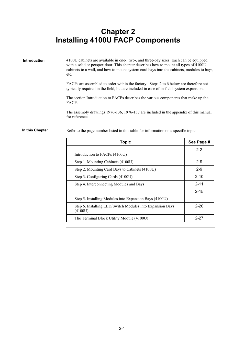 Installing 4100u facp components, Introduction, In this chapter | Chapter 2 installing 4100u facp components -1, Introduction -1, In this chapter -1 | Tyco 4100U User Manual | Page 29 / 180