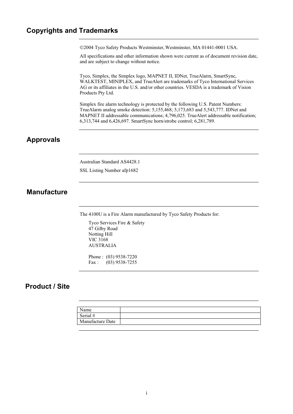 Copyrights and trademarks, Approvals, Manufacture | Product / site | Tyco 4100U User Manual | Page 3 / 180