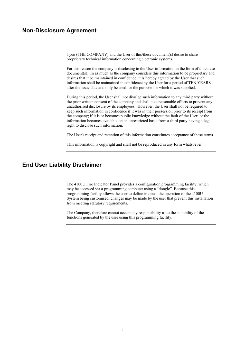 Non-disclosure agreement, End user liability disclaimer | Tyco 4100U User Manual | Page 4 / 180