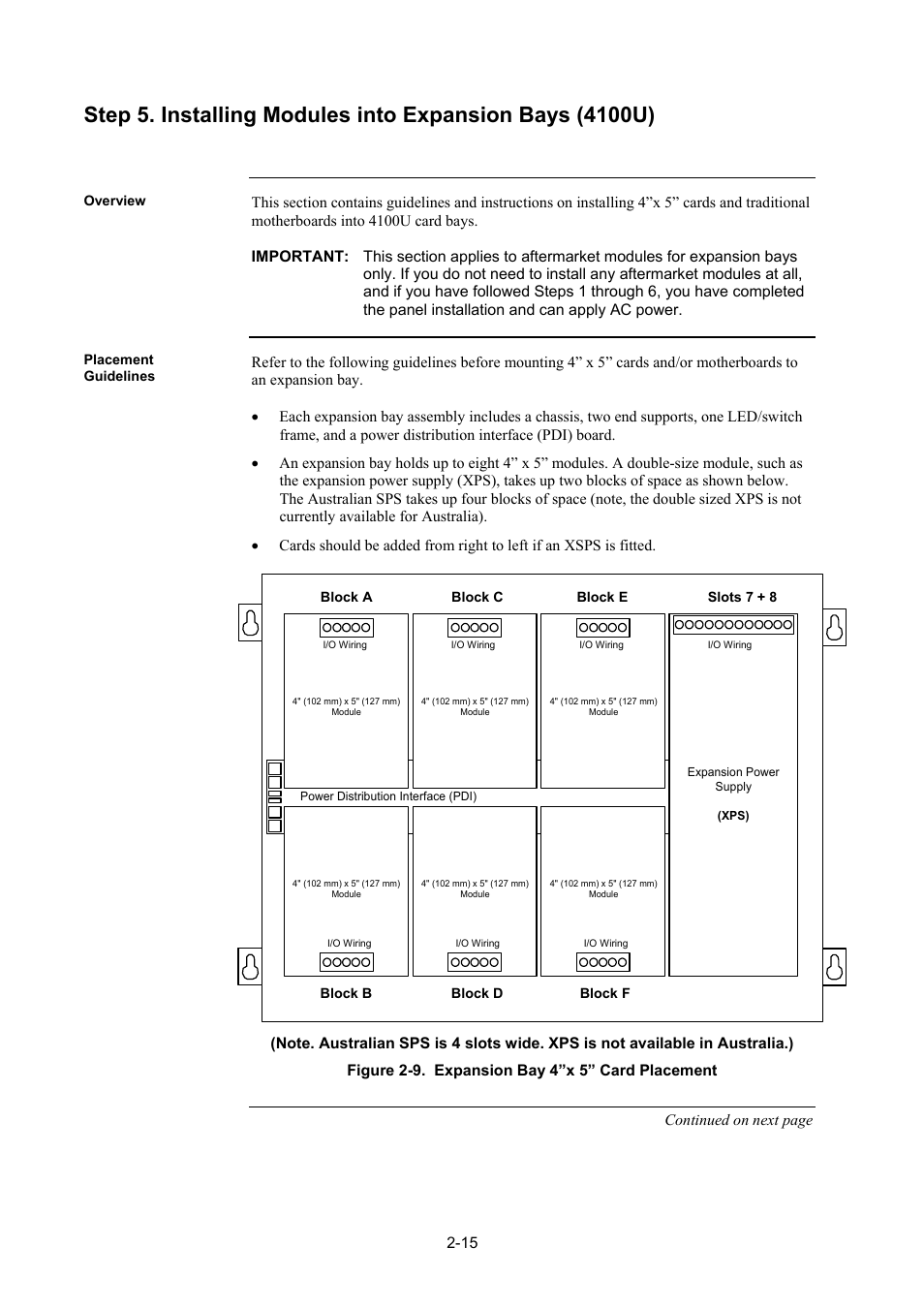 Overview, Placement guidelines, Overview -15 | Placement guidelines -15, Figure 2-9, Expansion bay 4”x 5” card placement -15 | Tyco 4100U User Manual | Page 43 / 180