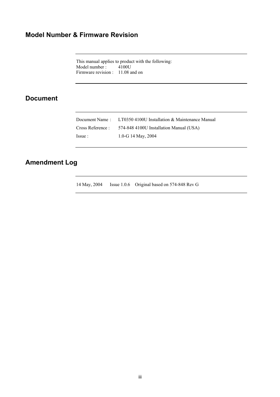 Model number & firmware revision, Document, Amendment log | Tyco 4100U User Manual | Page 5 / 180