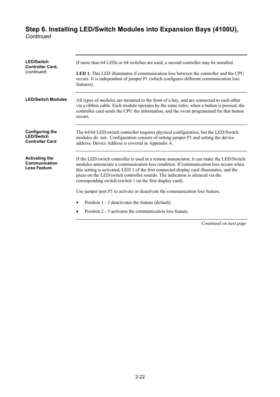 Led/switch modules, Configuring the led/switch controller card, Activating the communication loss feature | Led/switch modules -22, Configuring the led/switch controller card -22, Activating the communication loss feature -22 | Tyco 4100U User Manual | Page 50 / 180