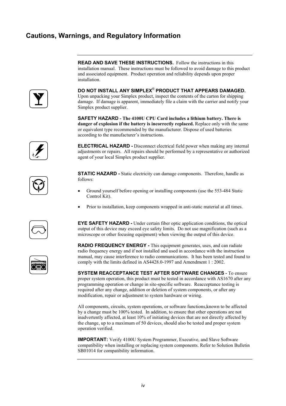 Cautions, warnings, and regulatory information | Tyco 4100U User Manual | Page 6 / 180