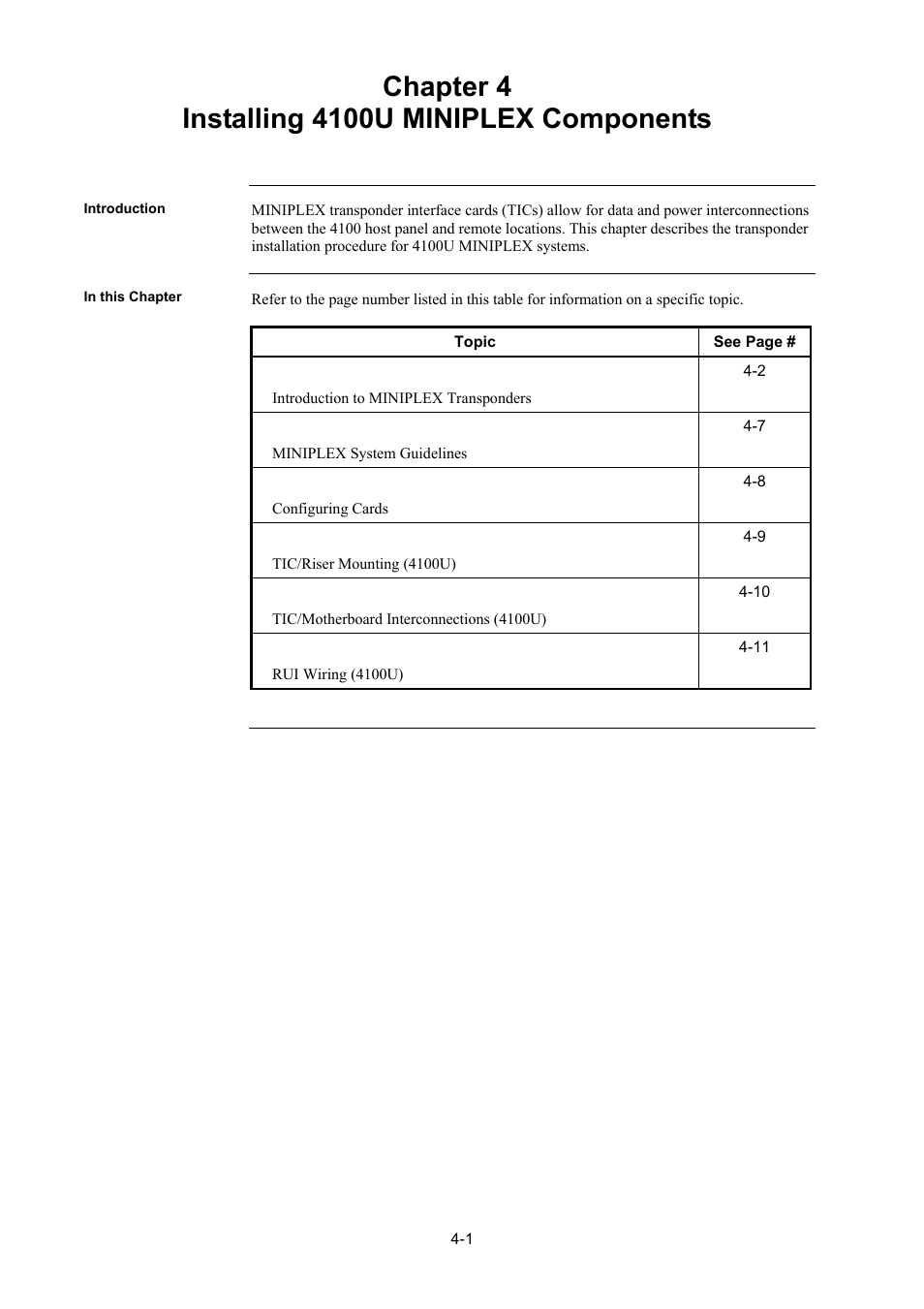 Installing 4100u miniplex components, Introduction, In this chapter | Chapter 4 installing 4100u miniplex components -1, Introduction -1, In this chapter -1 | Tyco 4100U User Manual | Page 69 / 180