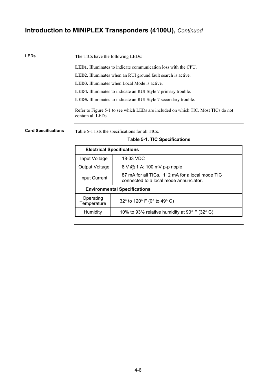 Leds, Card specifications, Leds -6 | Card specifications -6, Introduction to miniplex transponders (4100u) | Tyco 4100U User Manual | Page 74 / 180