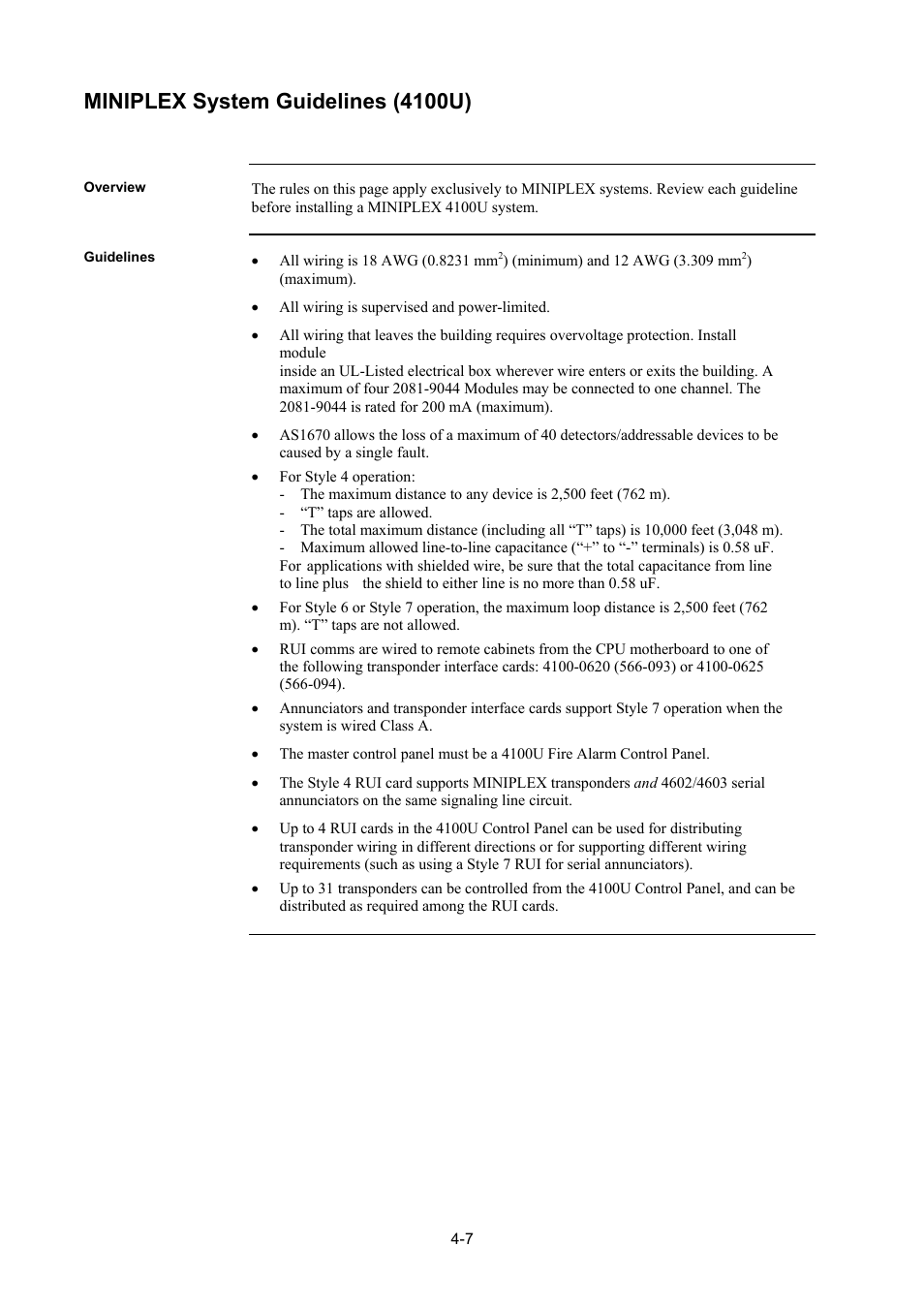 Miniplex system guidelines (4100u), Overview, Guidelines | Miniplex system guidelines (4100u) -7, Overview -7, Guidelines -7, Miniplex system guidelines | Tyco 4100U User Manual | Page 75 / 180