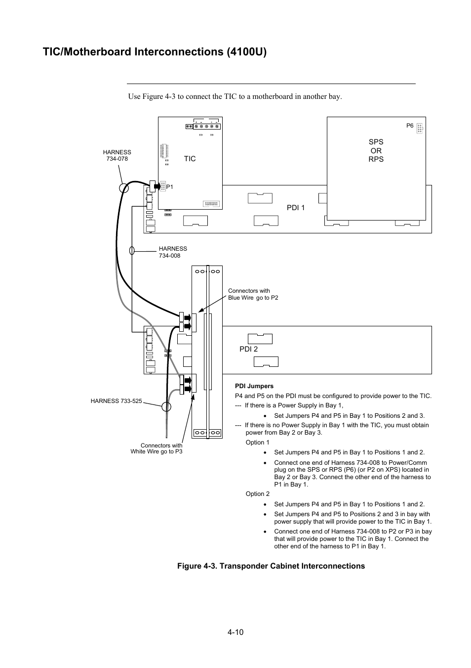 Tic/motherboard interconnections (4100u), Tic/motherboard interconnections (4100u) -10, Figure 4-3 | Transponder cabinet interconnections -10, Ti sps or rps c pdi 1 pdi 2 | Tyco 4100U User Manual | Page 78 / 180