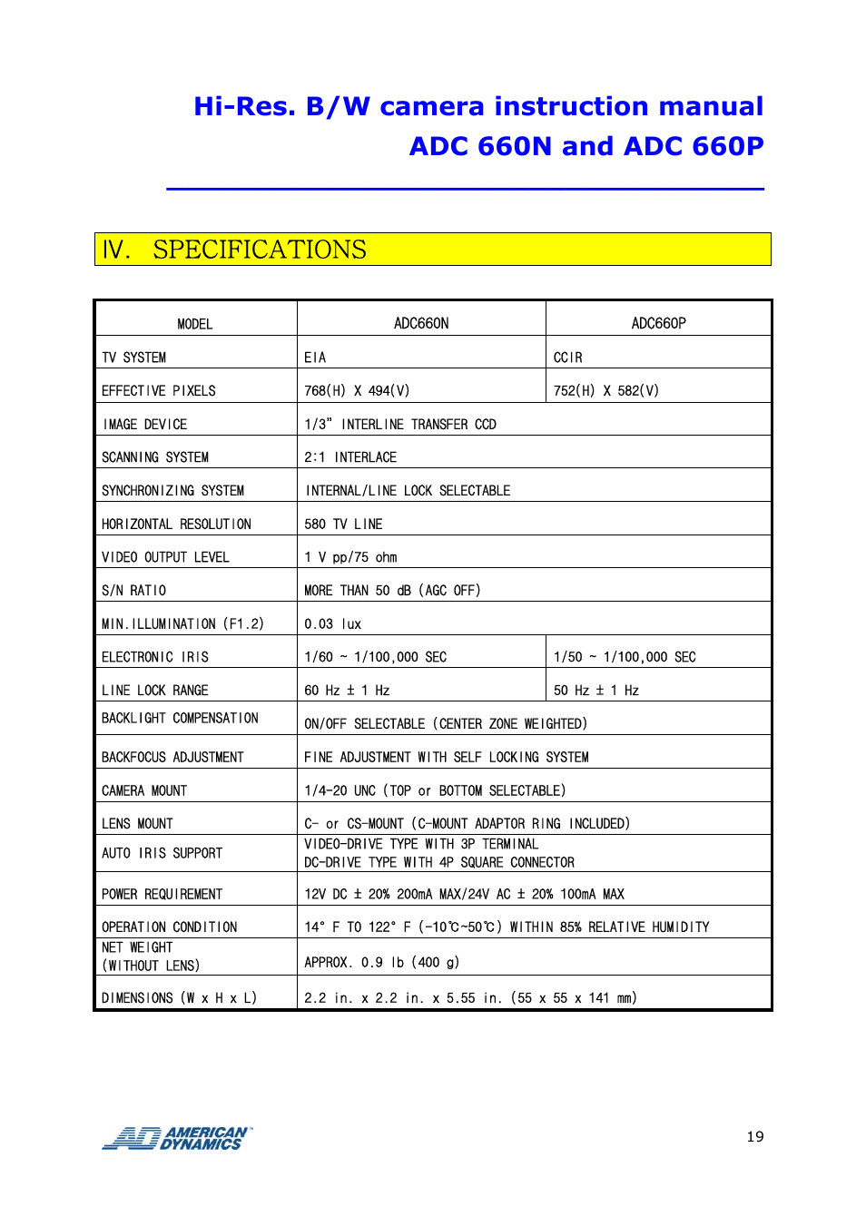 Iv. specifications | Tyco ADC 660P User Manual | Page 19 / 19