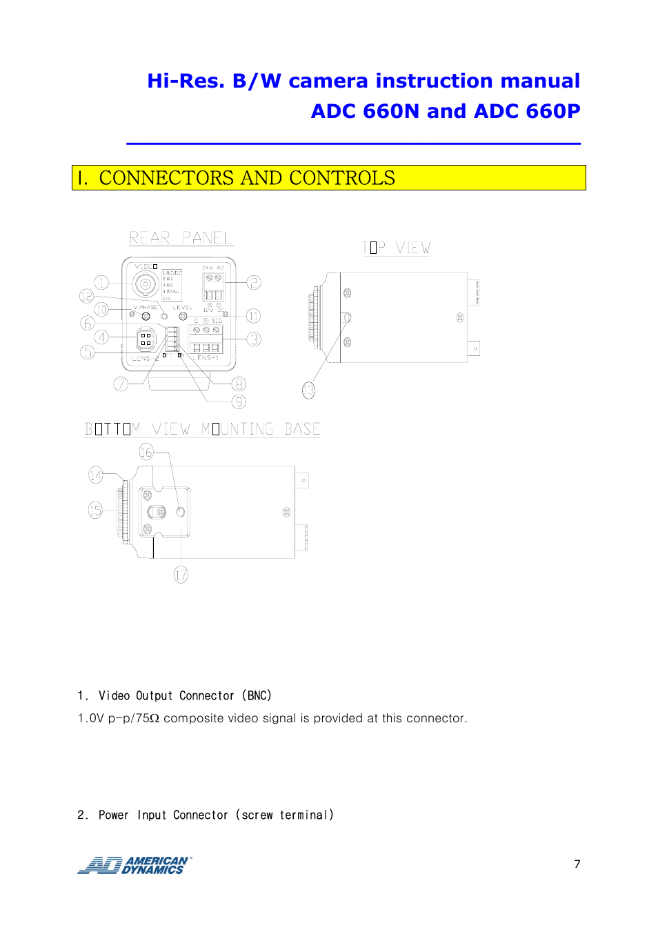 I. connectors and controls | Tyco ADC 660P User Manual | Page 7 / 19