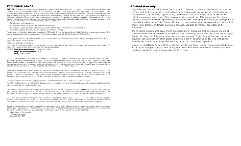 Limited warranty, Fcc compliance | Tyco PC1150 User Manual | Page 2 / 12