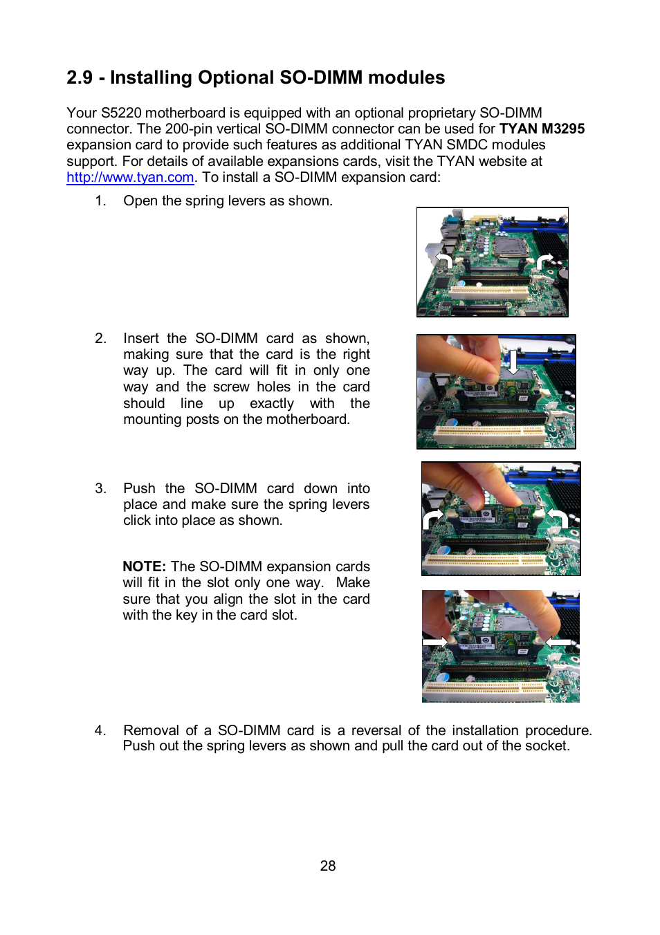 9 - installing optional so-dimm modules | Tyan Computer TOLEDO S5520 User Manual | Page 28 / 79