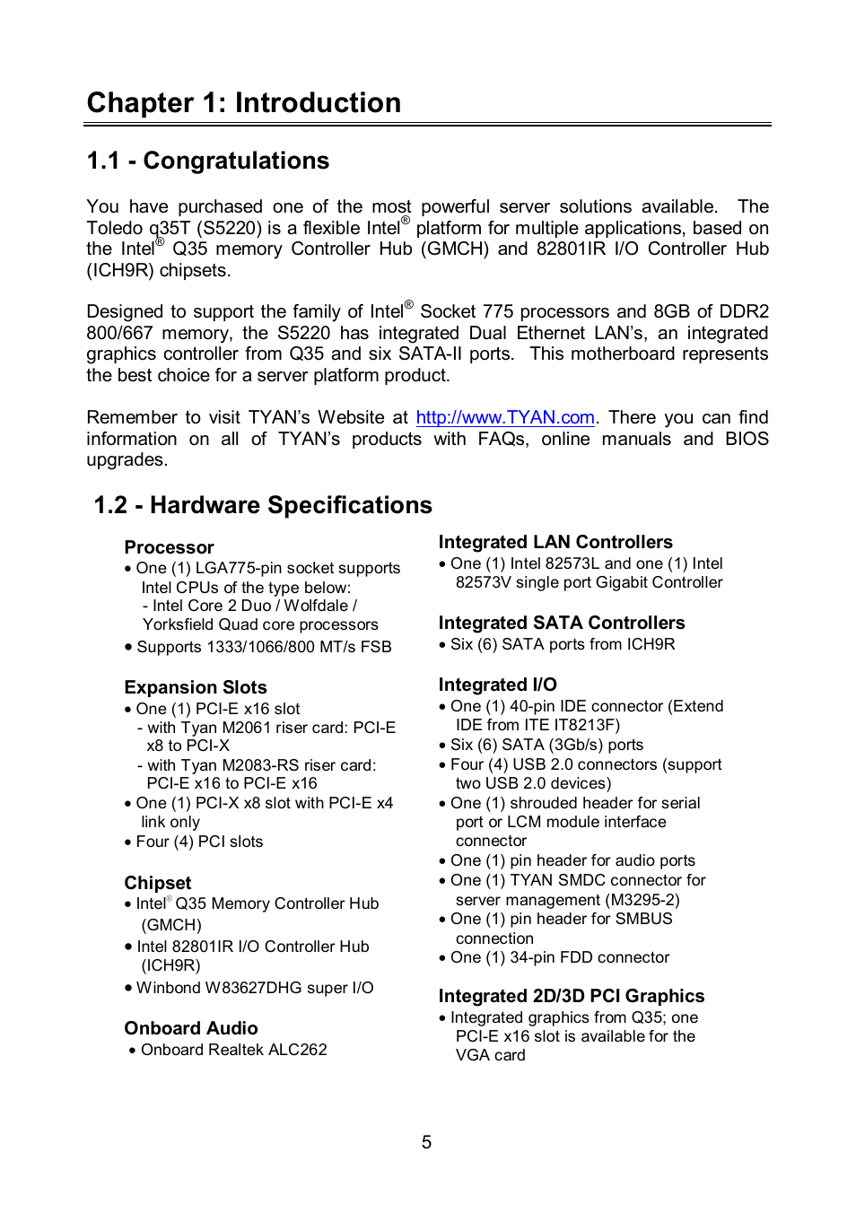 Chapter 1: introduction, 2 - hardware specifications | Tyan Computer TOLEDO S5520 User Manual | Page 5 / 79