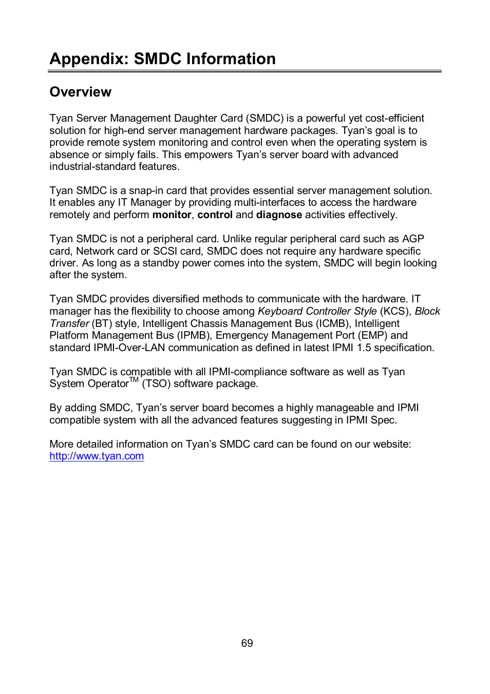 Appendix: smdc information, Overview | Tyan Computer TOLEDO S5520 User Manual | Page 69 / 79