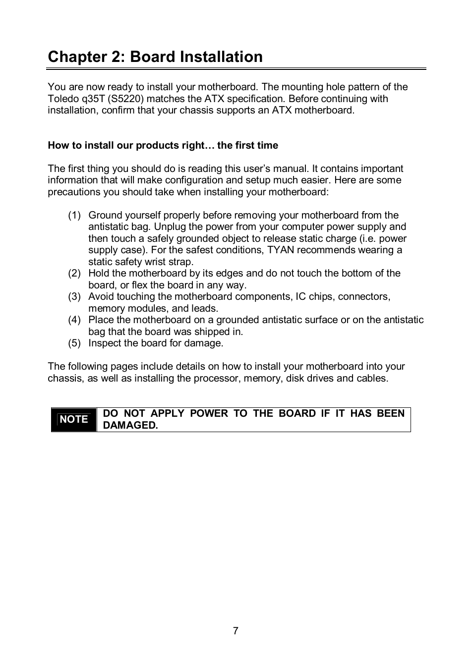Chapter 2: board installation | Tyan Computer TOLEDO S5520 User Manual | Page 7 / 79