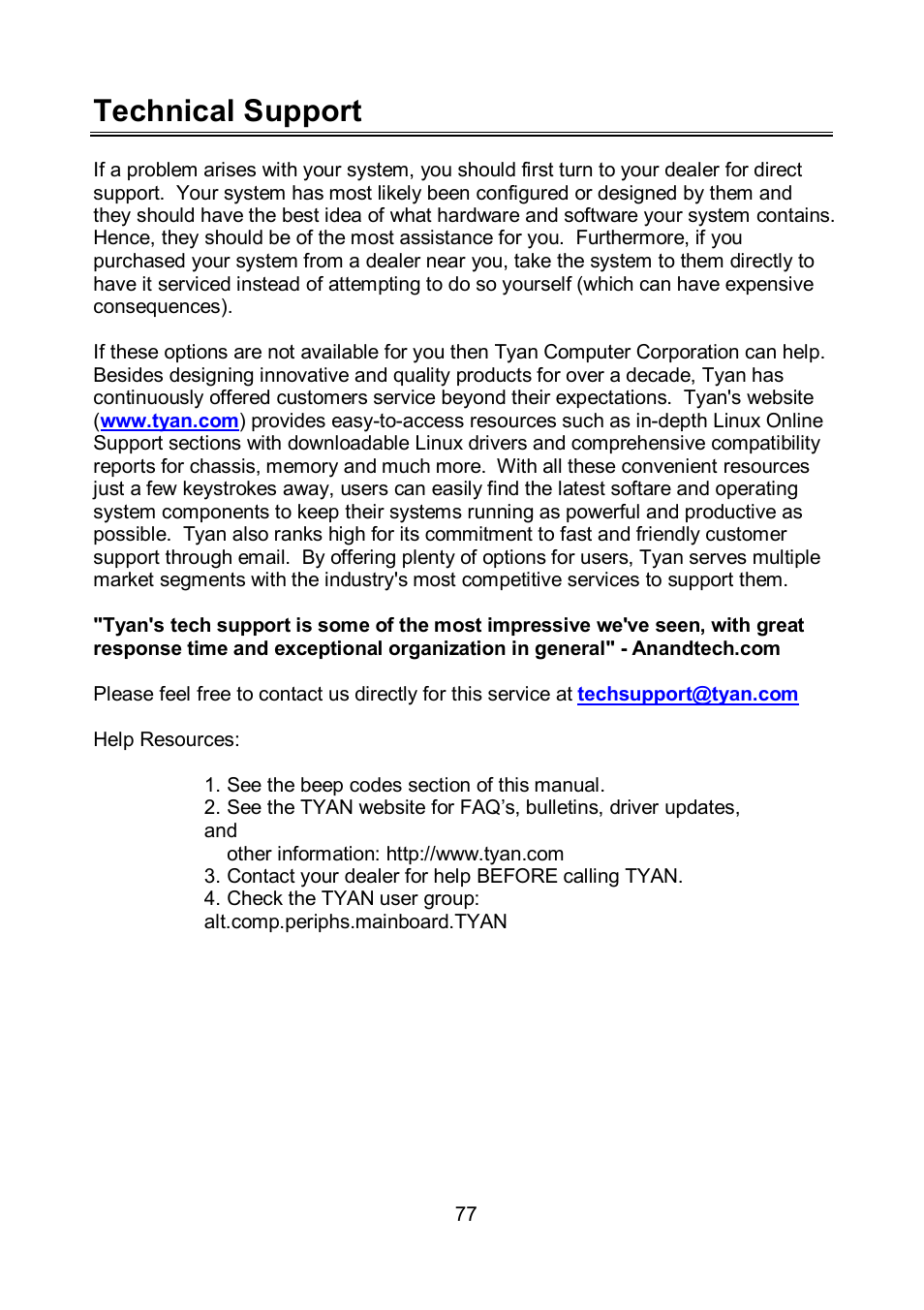 Technical support | Tyan Computer TOLEDO S5520 User Manual | Page 77 / 79